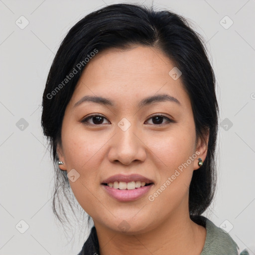 Joyful asian young-adult female with medium  brown hair and brown eyes