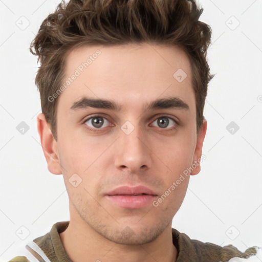 Neutral white young-adult male with short  brown hair and brown eyes