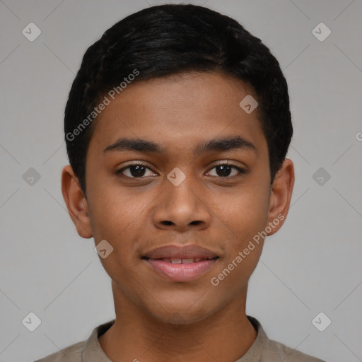 Joyful black young-adult male with short  black hair and brown eyes