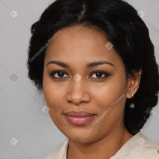 Joyful black young-adult female with medium  black hair and brown eyes