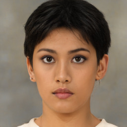 Neutral asian young-adult female with short  brown hair and brown eyes