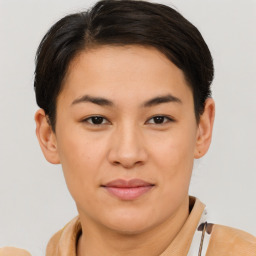 Joyful asian young-adult female with short  brown hair and brown eyes