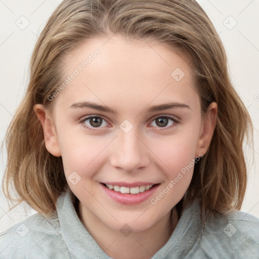 Joyful white child female with medium  brown hair and brown eyes