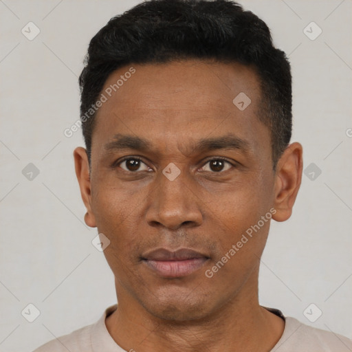 Neutral latino adult male with short  black hair and brown eyes