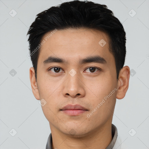 Neutral asian young-adult male with short  black hair and brown eyes