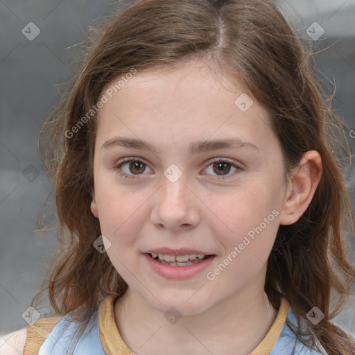 Joyful white child female with medium  brown hair and brown eyes