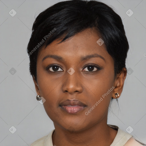 Neutral asian young-adult female with medium  black hair and brown eyes