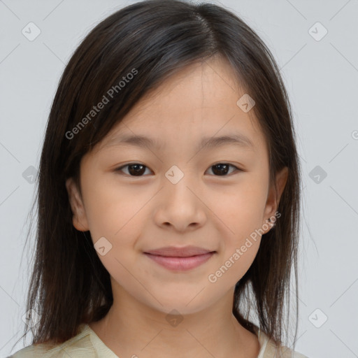 Joyful white child female with medium  brown hair and brown eyes