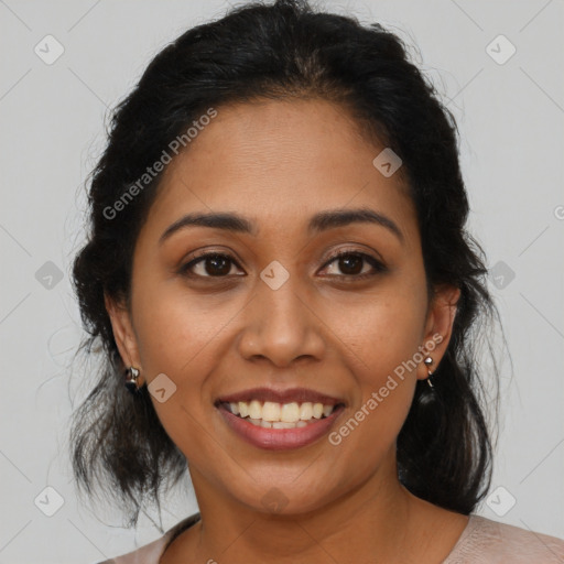 Joyful latino young-adult female with medium  brown hair and brown eyes