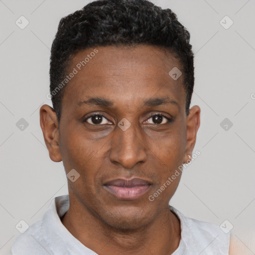 Neutral black adult male with short  black hair and brown eyes