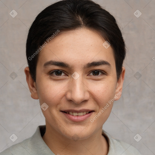 Joyful white young-adult female with short  brown hair and brown eyes