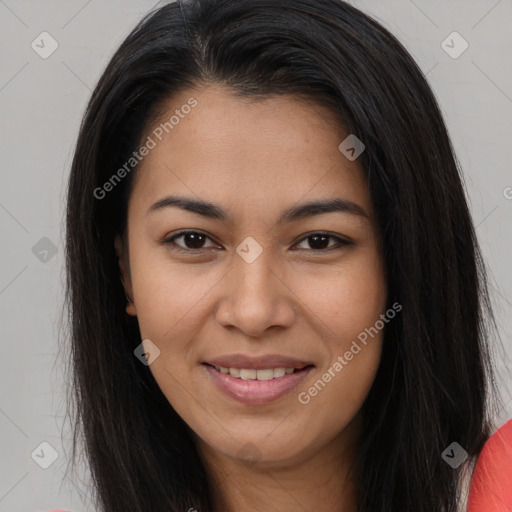 Joyful asian young-adult female with long  brown hair and brown eyes