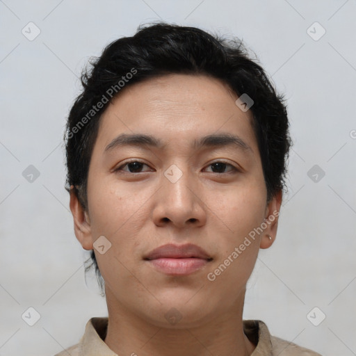 Neutral asian young-adult male with short  black hair and brown eyes