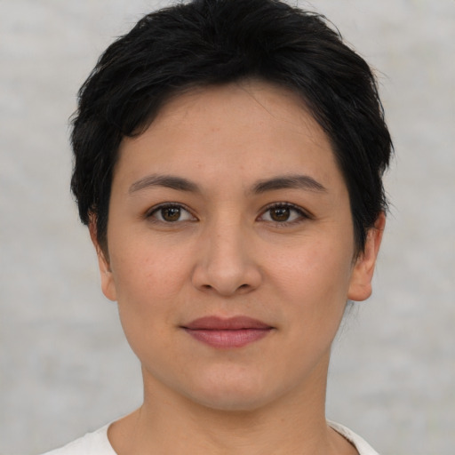 Joyful asian young-adult female with short  brown hair and brown eyes