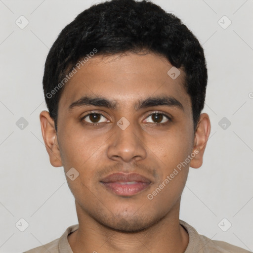 Neutral latino young-adult male with short  black hair and brown eyes