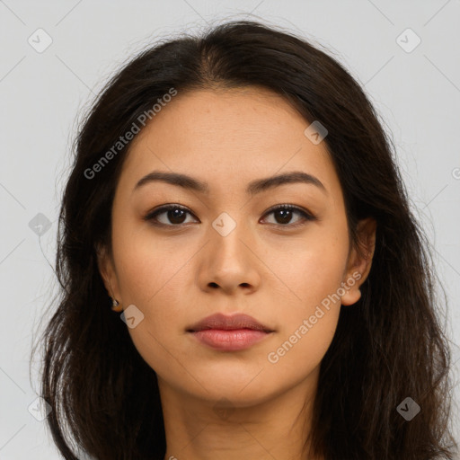 Neutral asian young-adult female with long  brown hair and brown eyes