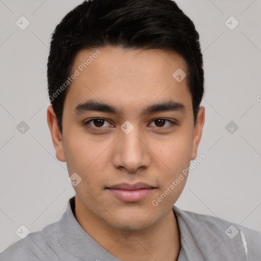 Neutral latino young-adult male with short  black hair and brown eyes