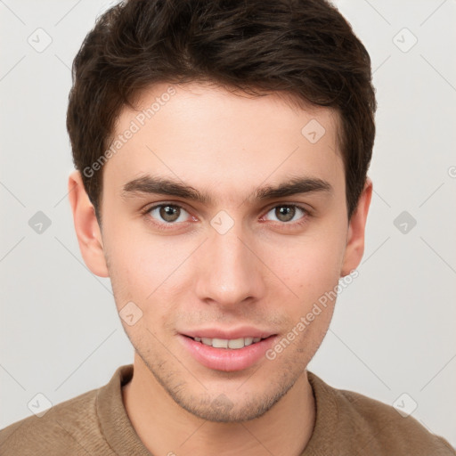 Neutral white young-adult male with short  brown hair and grey eyes