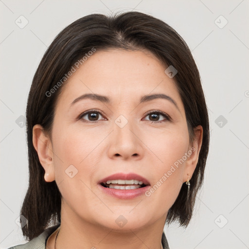 Joyful white adult female with medium  brown hair and brown eyes