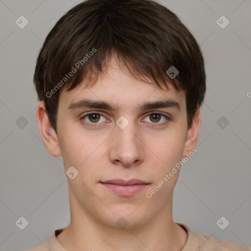 Neutral white young-adult male with short  brown hair and brown eyes