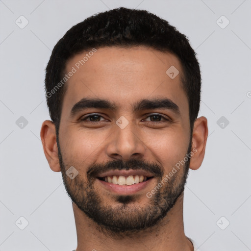 Joyful latino young-adult male with short  black hair and brown eyes