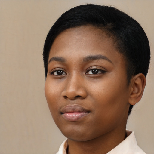 Neutral black young-adult female with short  black hair and brown eyes