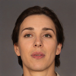 Neutral white adult female with short  brown hair and brown eyes