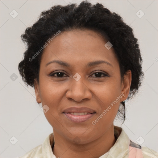 Joyful latino adult female with short  brown hair and brown eyes