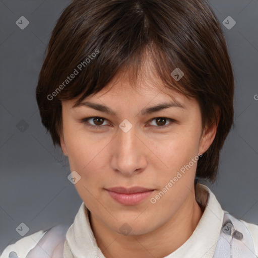 Neutral white young-adult female with medium  brown hair and brown eyes