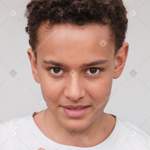 Joyful white child male with short  brown hair and brown eyes