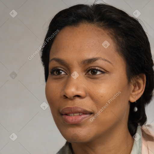 Joyful black young-adult female with medium  black hair and brown eyes