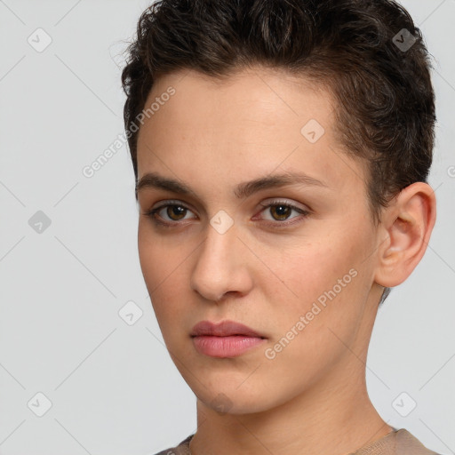 Neutral white young-adult female with short  brown hair and brown eyes