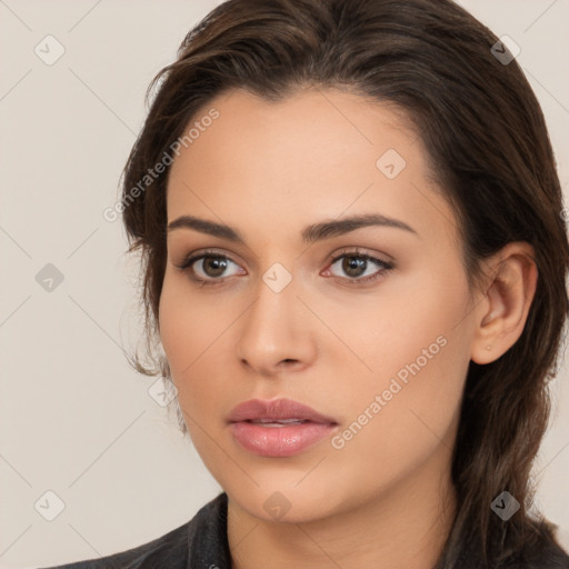 Neutral white young-adult female with long  brown hair and brown eyes