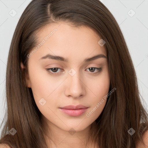 Neutral white young-adult female with long  brown hair and brown eyes