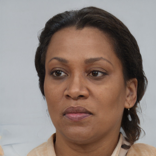 Joyful black adult female with medium  brown hair and brown eyes