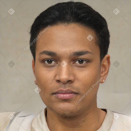 Neutral latino young-adult male with short  black hair and brown eyes