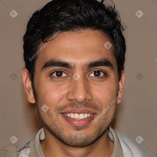 Joyful white young-adult male with short  black hair and brown eyes