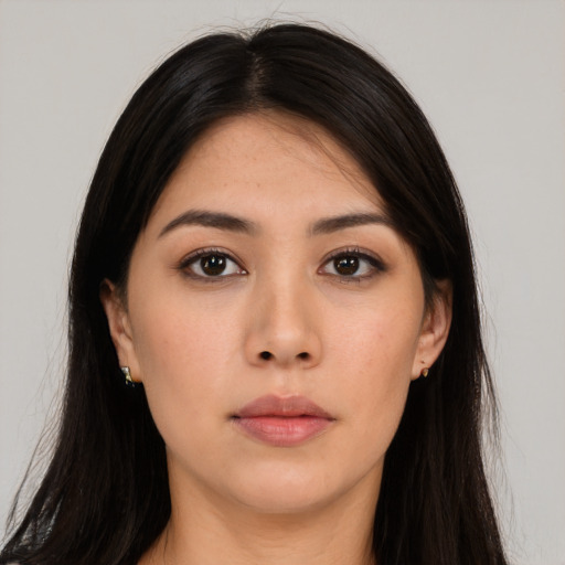 Neutral asian young-adult female with long  brown hair and brown eyes