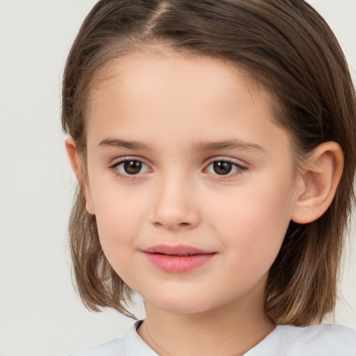 Joyful white child female with medium  brown hair and brown eyes