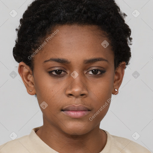 Neutral black young-adult female with short  brown hair and brown eyes