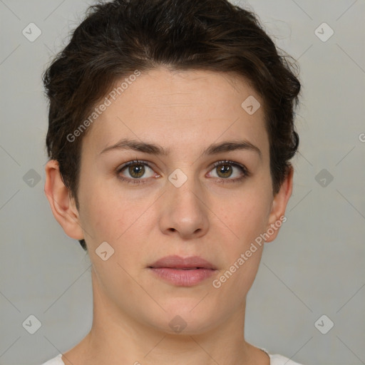 Neutral white young-adult female with short  brown hair and brown eyes