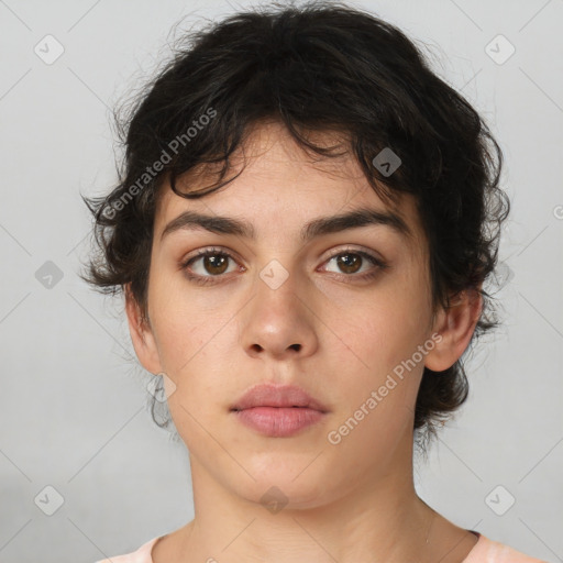 Neutral white young-adult female with medium  brown hair and brown eyes