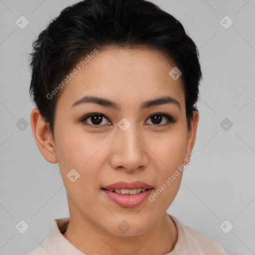 Joyful asian young-adult female with short  brown hair and brown eyes