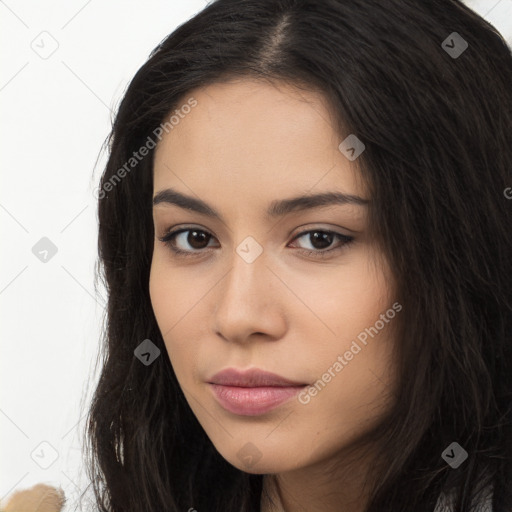 Neutral latino young-adult female with long  brown hair and brown eyes