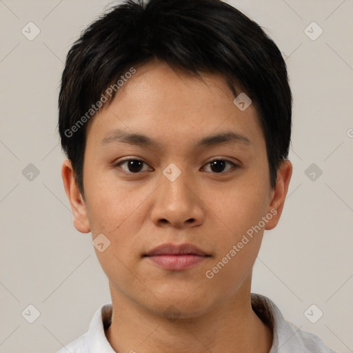Neutral asian young-adult male with short  brown hair and brown eyes