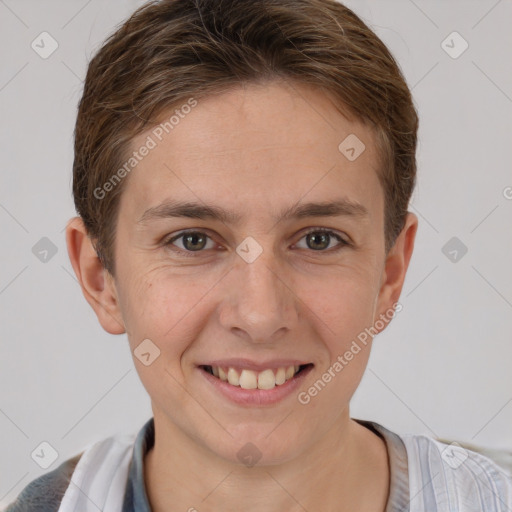 Joyful white young-adult female with short  brown hair and grey eyes