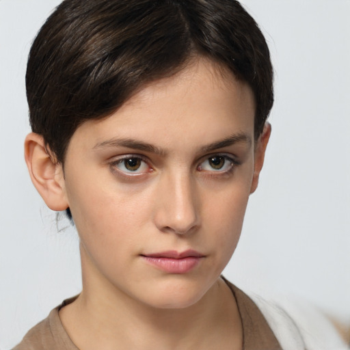 Neutral white young-adult female with short  brown hair and brown eyes