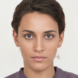 Neutral white young-adult female with short  brown hair and brown eyes