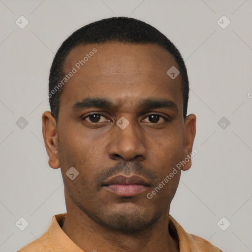 Neutral latino young-adult male with short  black hair and brown eyes