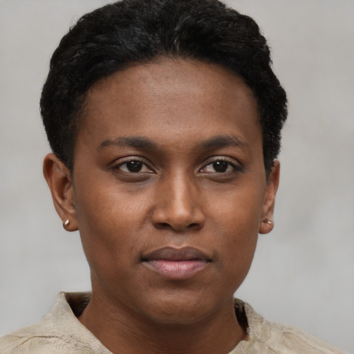 Joyful black young-adult female with short  brown hair and brown eyes